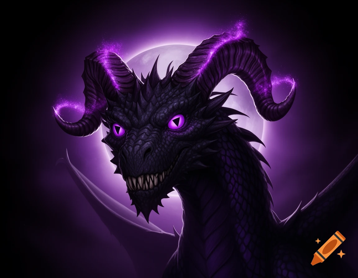 A dark purple dragon with glowing purple eyes and horns, sparkling with purple energy, against a large, light purple moon.
