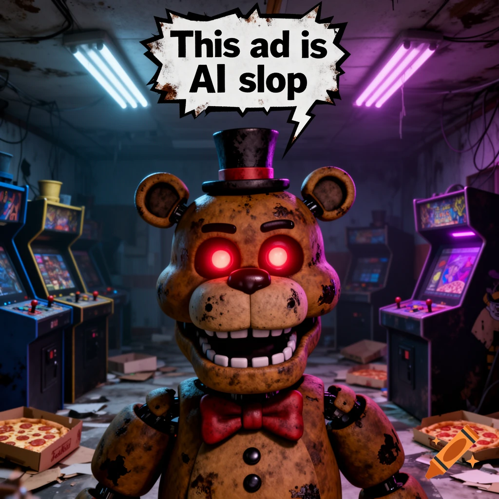 A creepy animatronic bear, Freddy Fazbear, with glowing red eyes and a top hat, in a dark, messy arcade, with a speech bubble saying 'This ad is AI slop'.