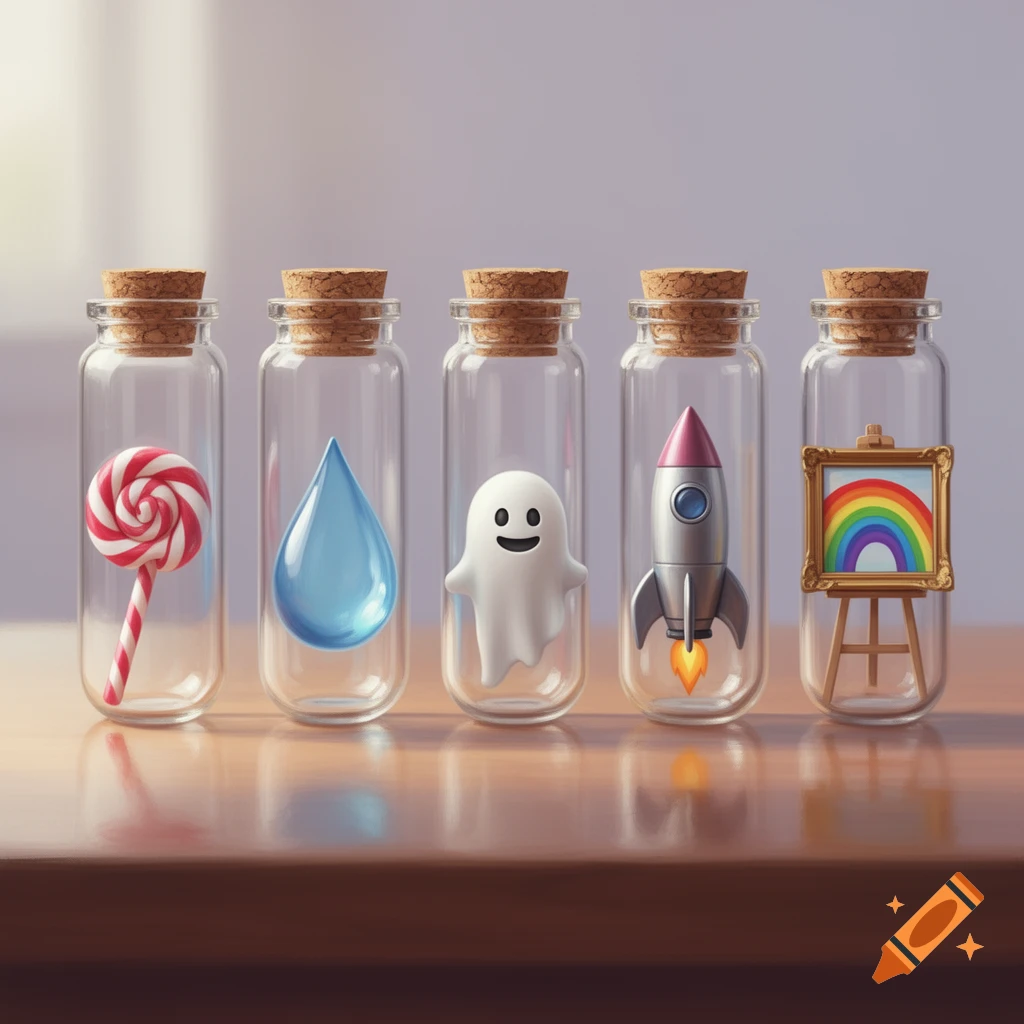 Five corked glass bottles containing a lollipop, water droplet, ghost, rocket, and a rainbow painting on an easel.