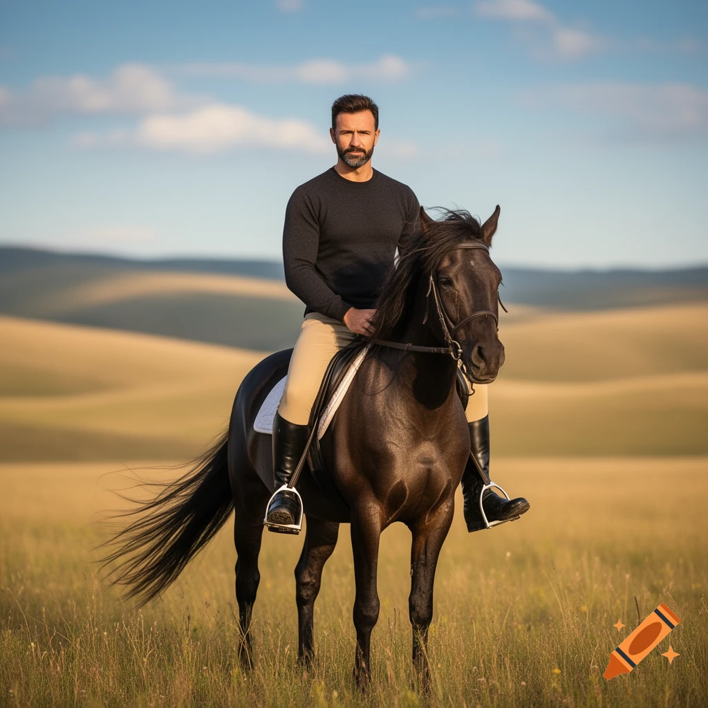 A photorealistic man with a beard on a black horse in a vast grassy field under a blue sky.