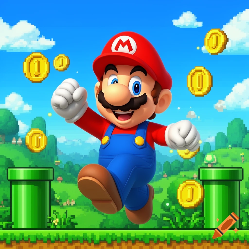 Super Mario jumping through a vibrant pixelated landscape with green pipes and floating gold coins, in a 3D cartoon style.