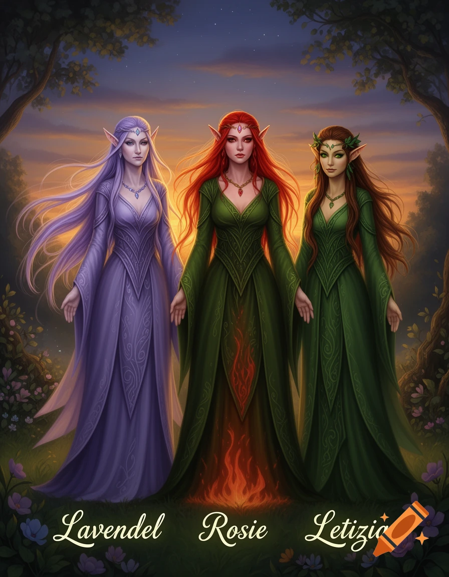 Three elf-like goddesses with long hair, wearing flowing gowns, stand in a magical forest at sunset. Their names "Lavendel, Rosie, Letizia" are written below.