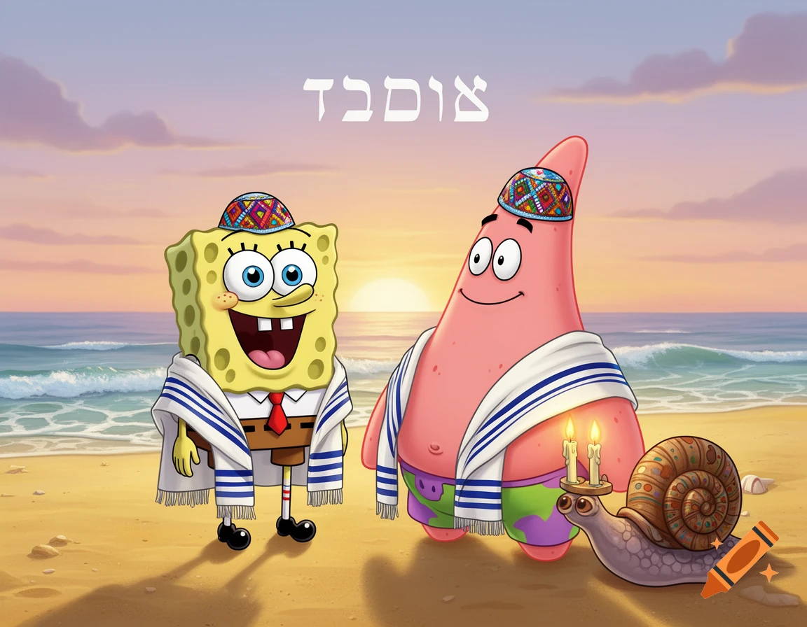SpongeBob and Patrick wear kippahs and tallits on a beach with Gary the snail holding two lit candles, under Hebrew text.