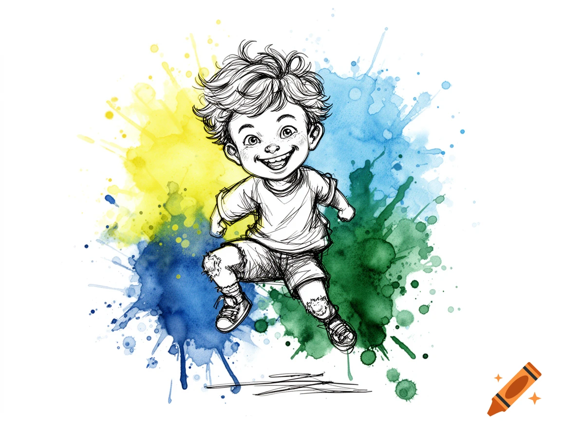 Line drawing of a mischievous boy jumping, surrounded by yellow, blue, and green watercolor splotches.