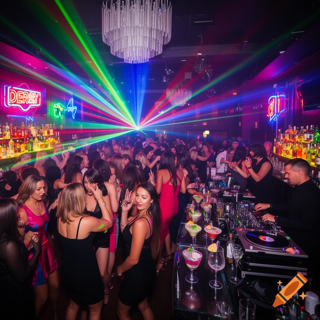 A crowded nightclub scene with colorful laser lights, people dancing, a DJ playing music, and a bar with many drinks.