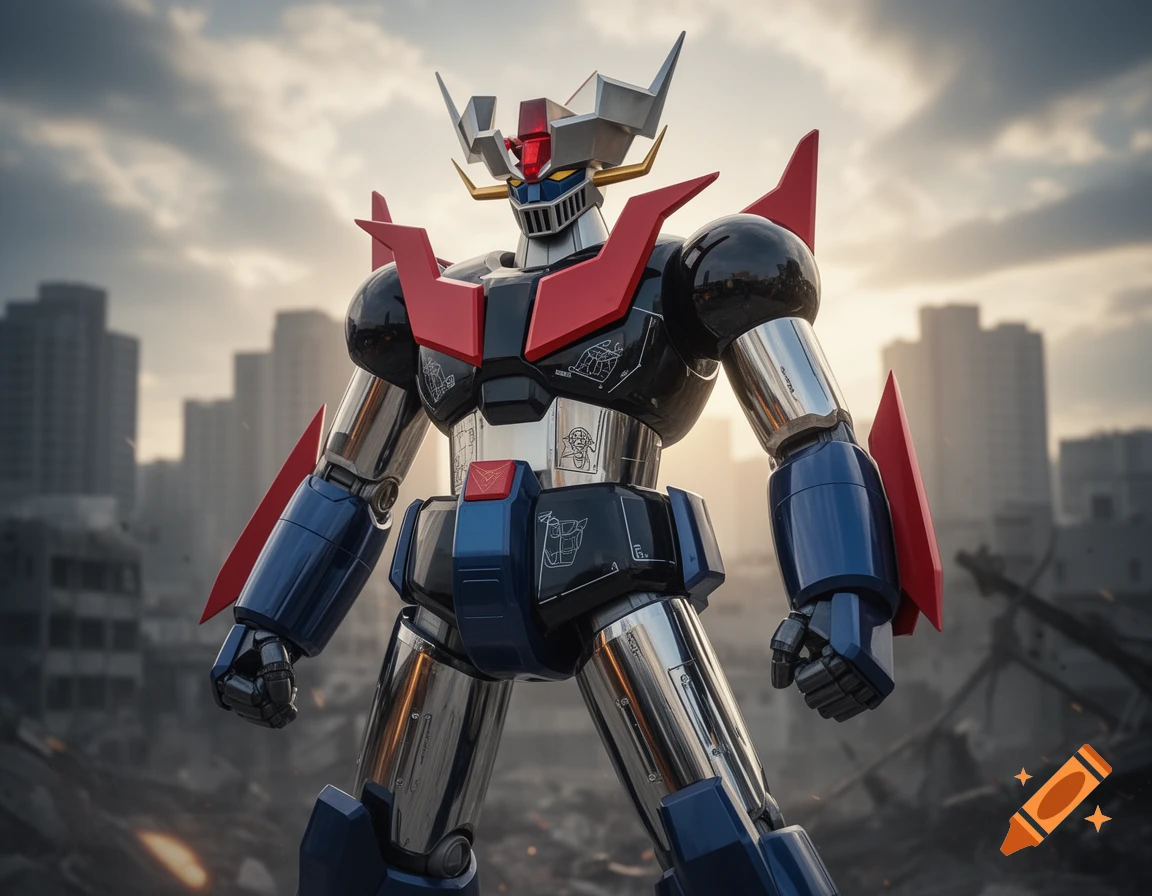 A Mazinger Z-inspired Gundam robot stands in a destroyed cityscape under an overcast sky, dynamic lighting highlighting its metallic red, blue, and black armor.