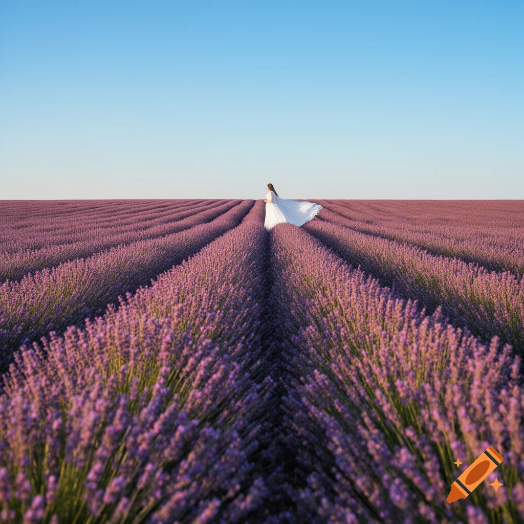 Woman in a flowing white dress walking through a vast purple lavender field under a clear blue sky, photorealistic.