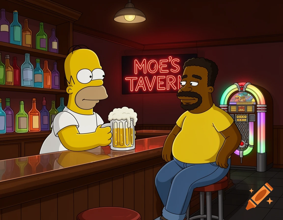 Homer Simpson sips a beer next to Cleveland Brown at a bar with a neon 'Moe's Tavern' sign, in a cartoon style.
