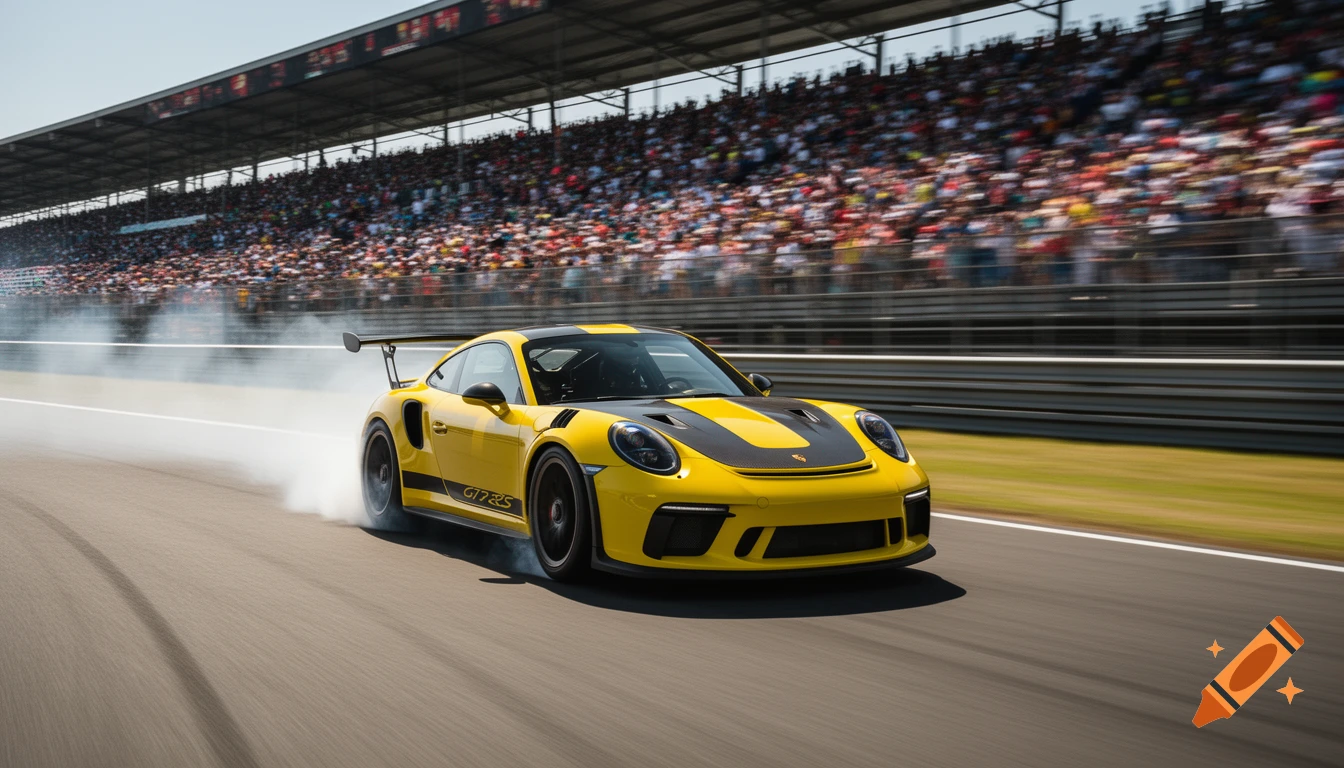 A yellow Porsche sports car kicks up tire smoke on a race track with grandstands full of spectators.