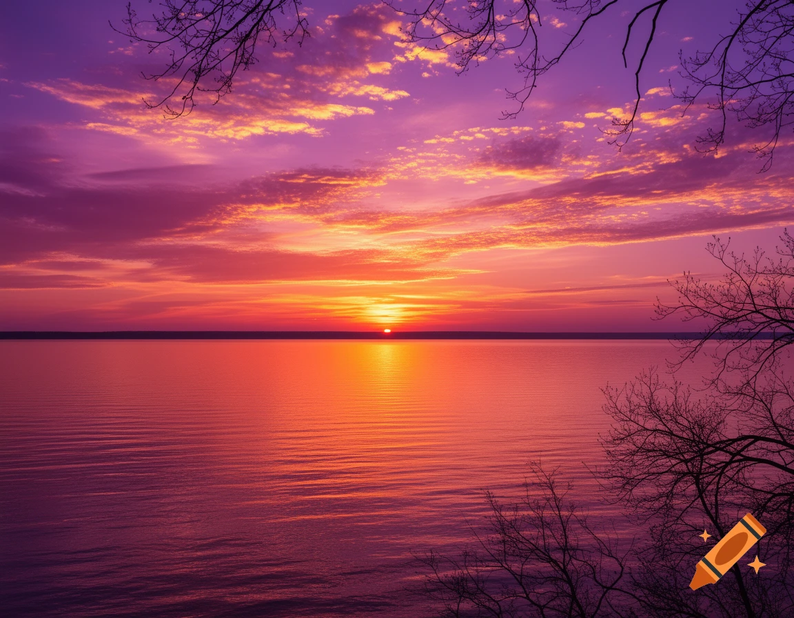 A vibrant sunset over calm water with a colorful purple, pink, and orange sky, framed by silhouetted tree branches.
