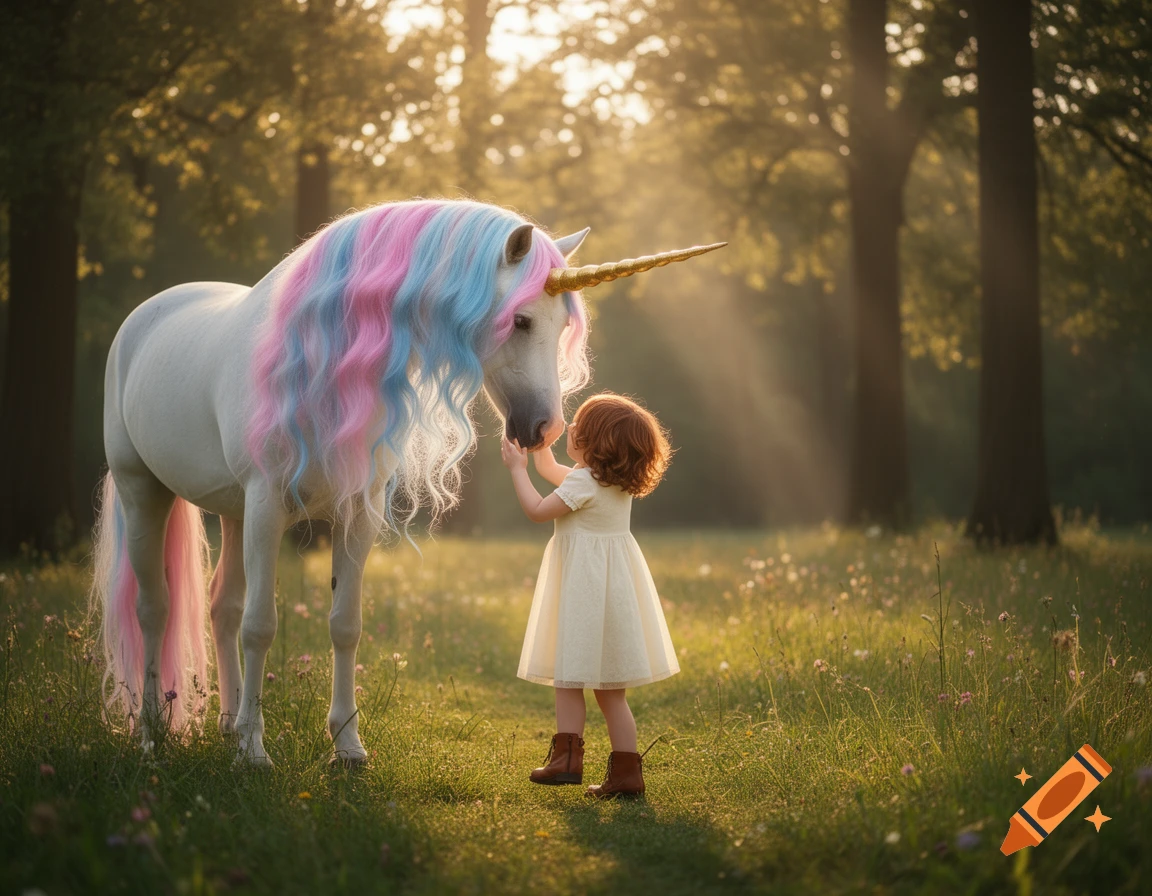 A small girl in a cream dress gently touches a white unicorn with a pastel pink and blue mane in a sunlit meadow.