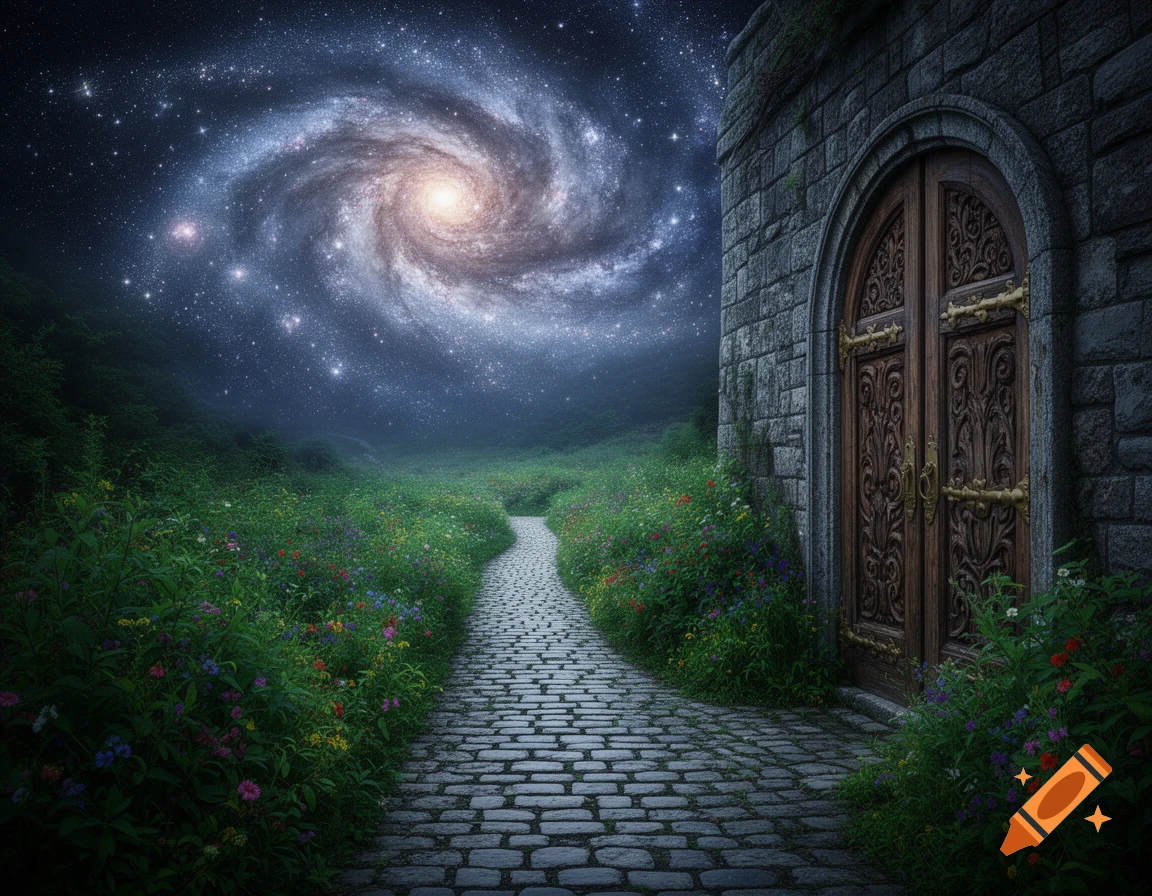 A cobblestone path leads through a lush, flowery landscape to an ornate wooden door on a stone building, all under a vibrant swirling galaxy in the night sky.
