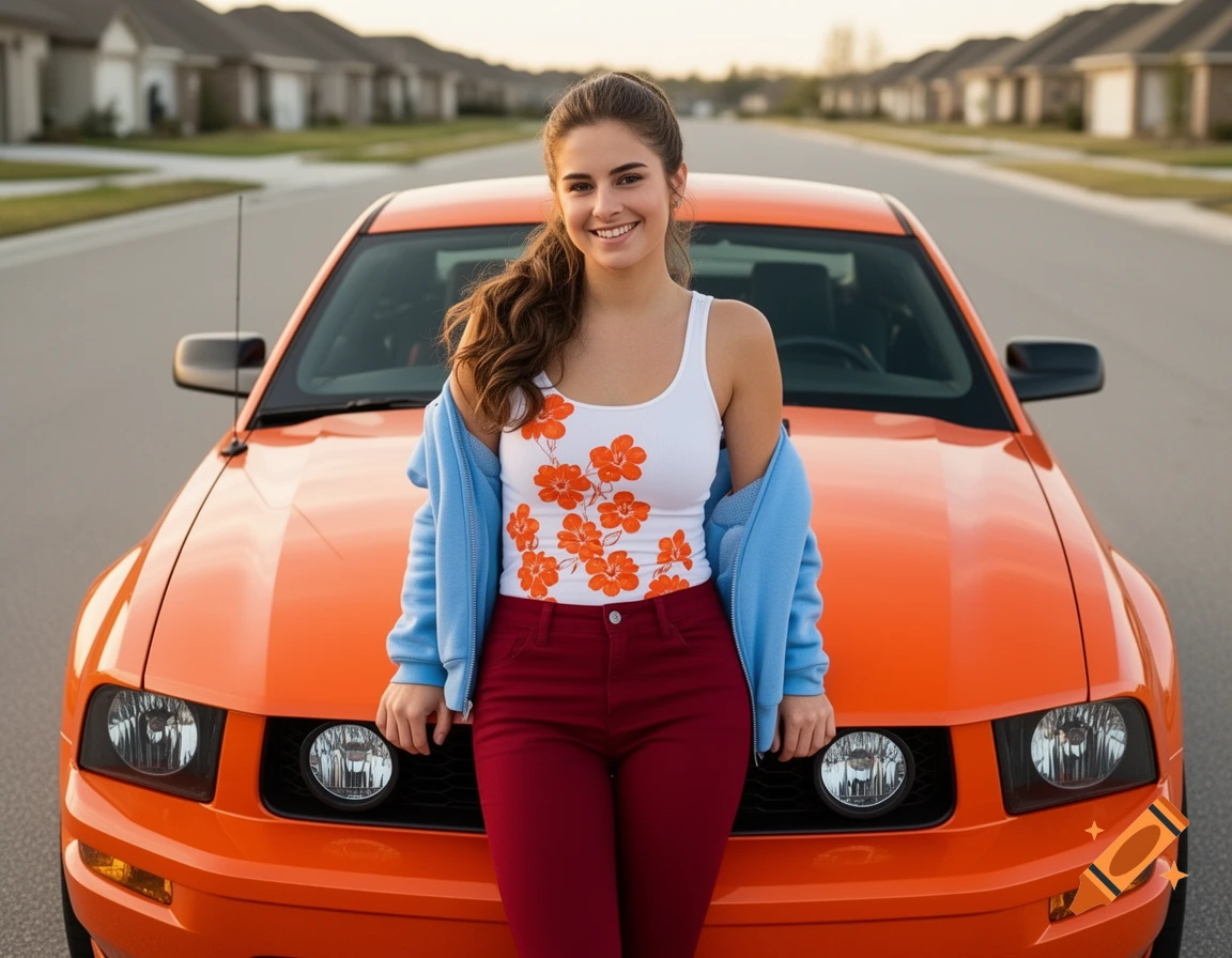 A smiling young woman in a white floral tank top and red pants, with a blue sweatshirt, leaning on an orange Ford Mustang on a suburban street.