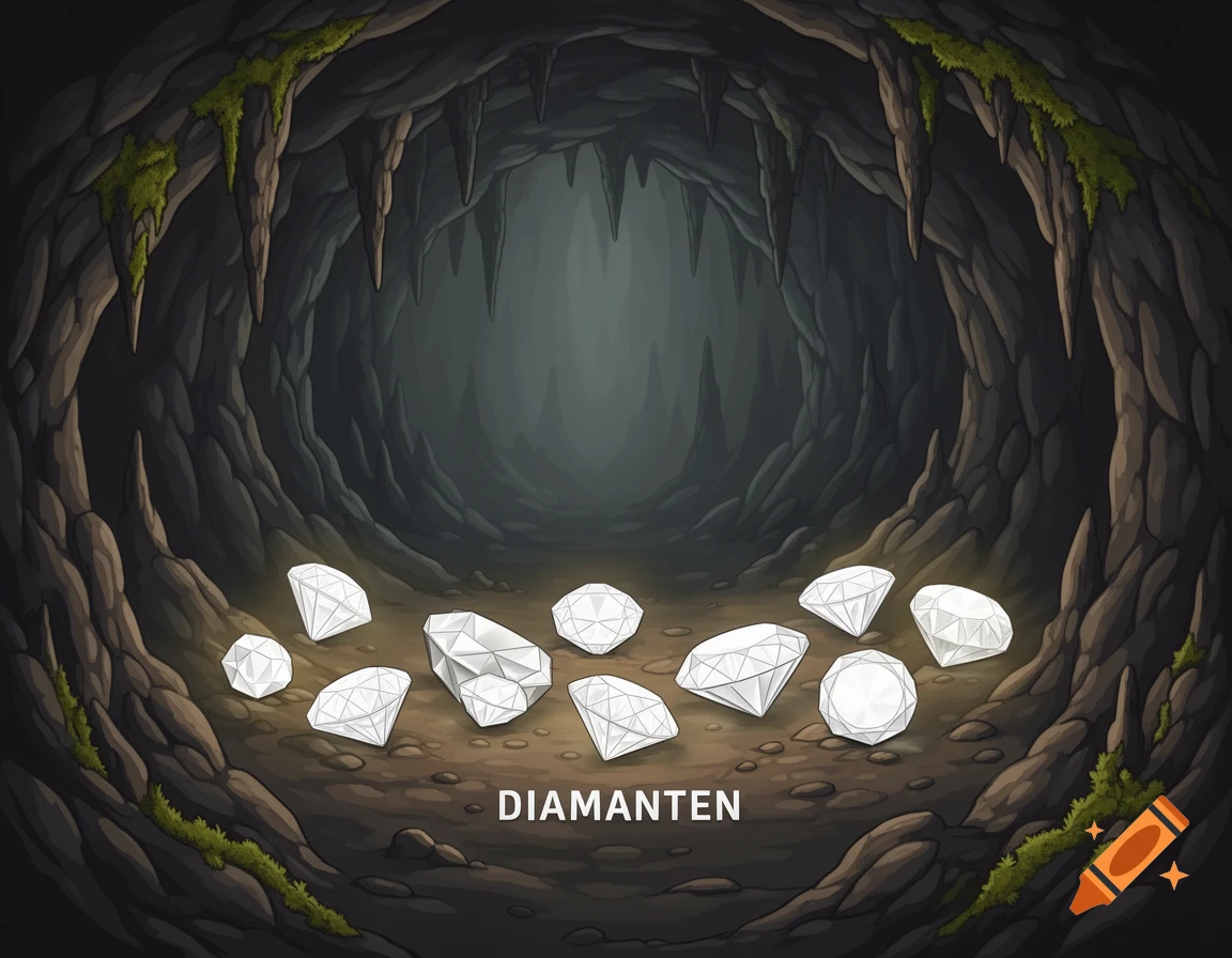 A clipart illustration of a dark cave interior with glowing white diamonds scattered on the ground and the word 'DIAMANTEN' at the bottom.