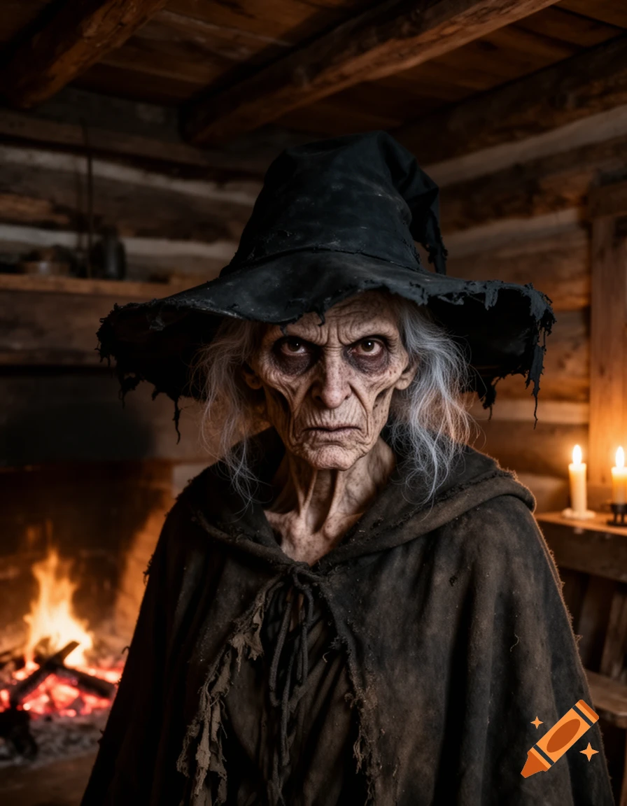 Photorealistic portrait of an old, grotesque witch with a tattered black hat and dark cloak in a rustic cabin with a fireplace.