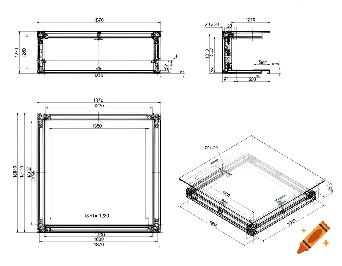 A white technical drawing on a white background with black lines, showing three views of a frame construction with dimensions labeled.