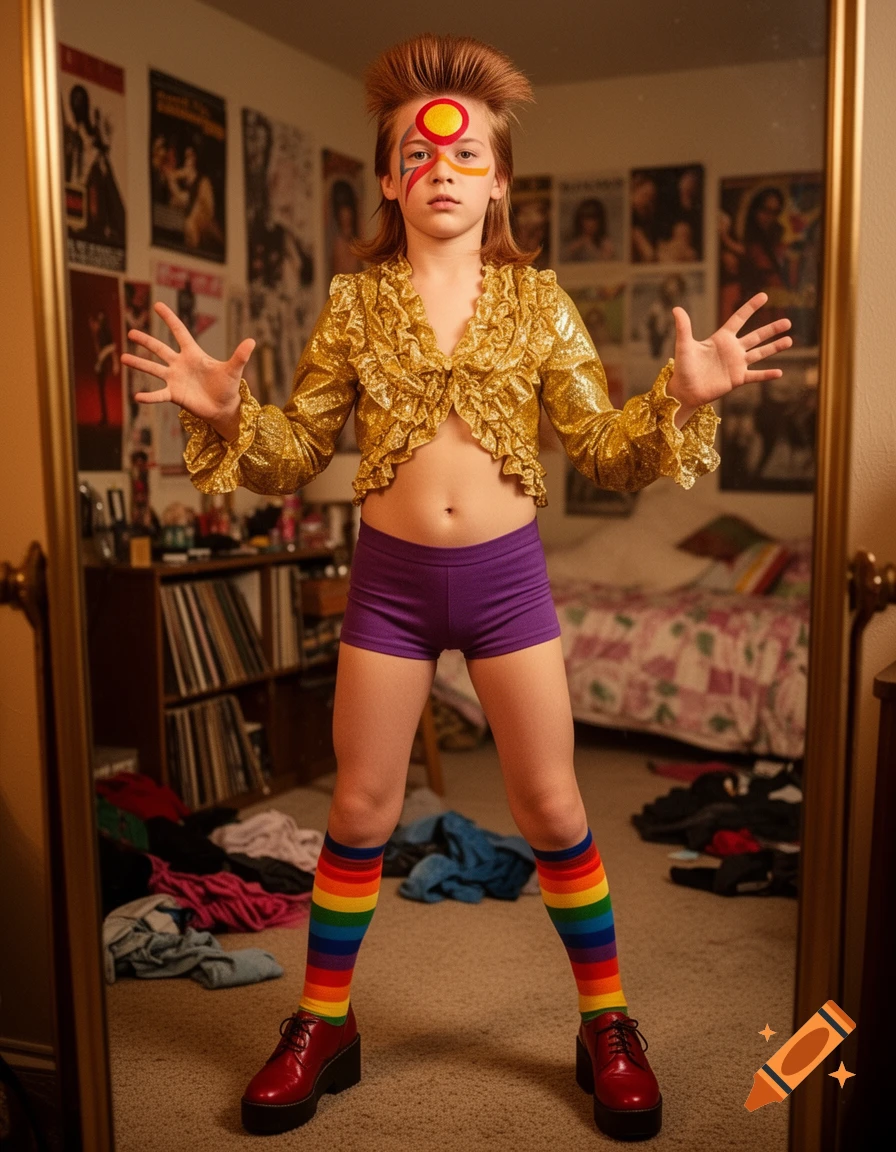 A child dressed in a gold ruffled top, purple shorts, rainbow socks, and platform shoes, with face paint, posing in a mirror.