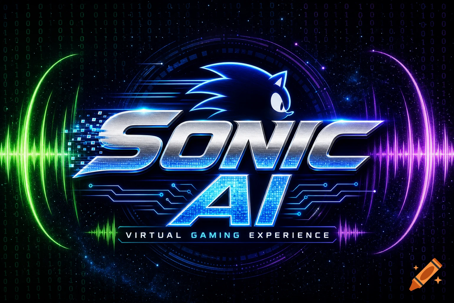 Logo for Sonic AI, featuring a blue Sonic head and metallic text with green and purple digital effects on a dark, binary background.