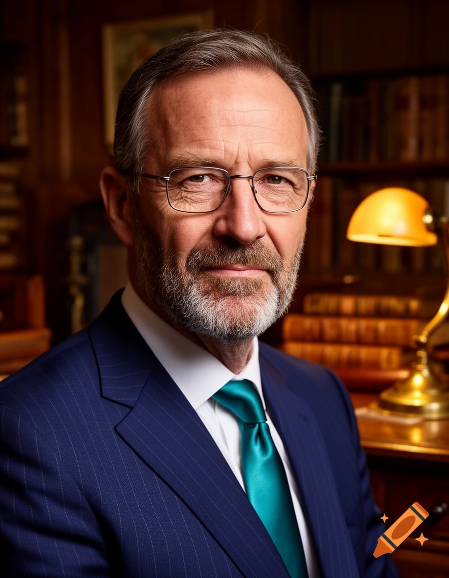 Photorealistic portrait of a distinguished older man with a grey beard and glasses, wearing a blue pinstripe suit and teal tie, in a library.
