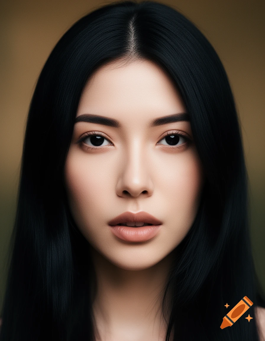 Close-up photorealistic portrait of a young woman with long black hair parted in the middle, staring directly forward.