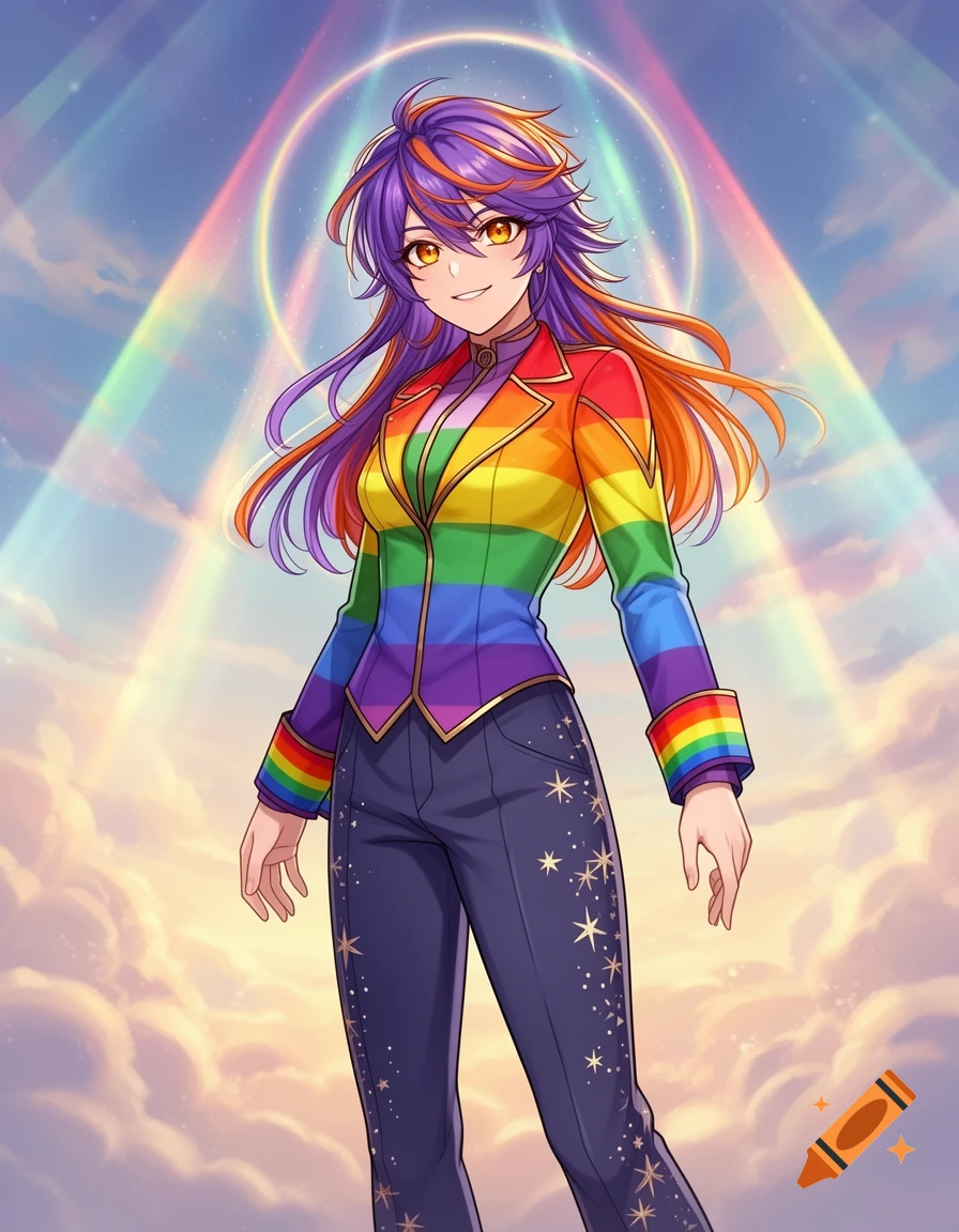 Anime character with purple and orange hair, wearing a rainbow-striped blazer and dark blue pants with gold stars, standing against a cloudy sky with rainbows.