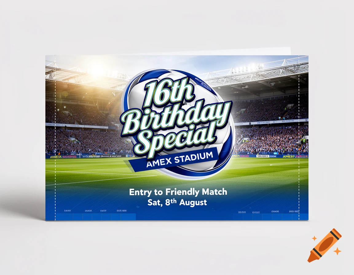 A gift card for a 16th birthday football ticket to a friendly match at Amex Stadium on Sat, 8th August, featuring a stadium backdrop and a football graphic.