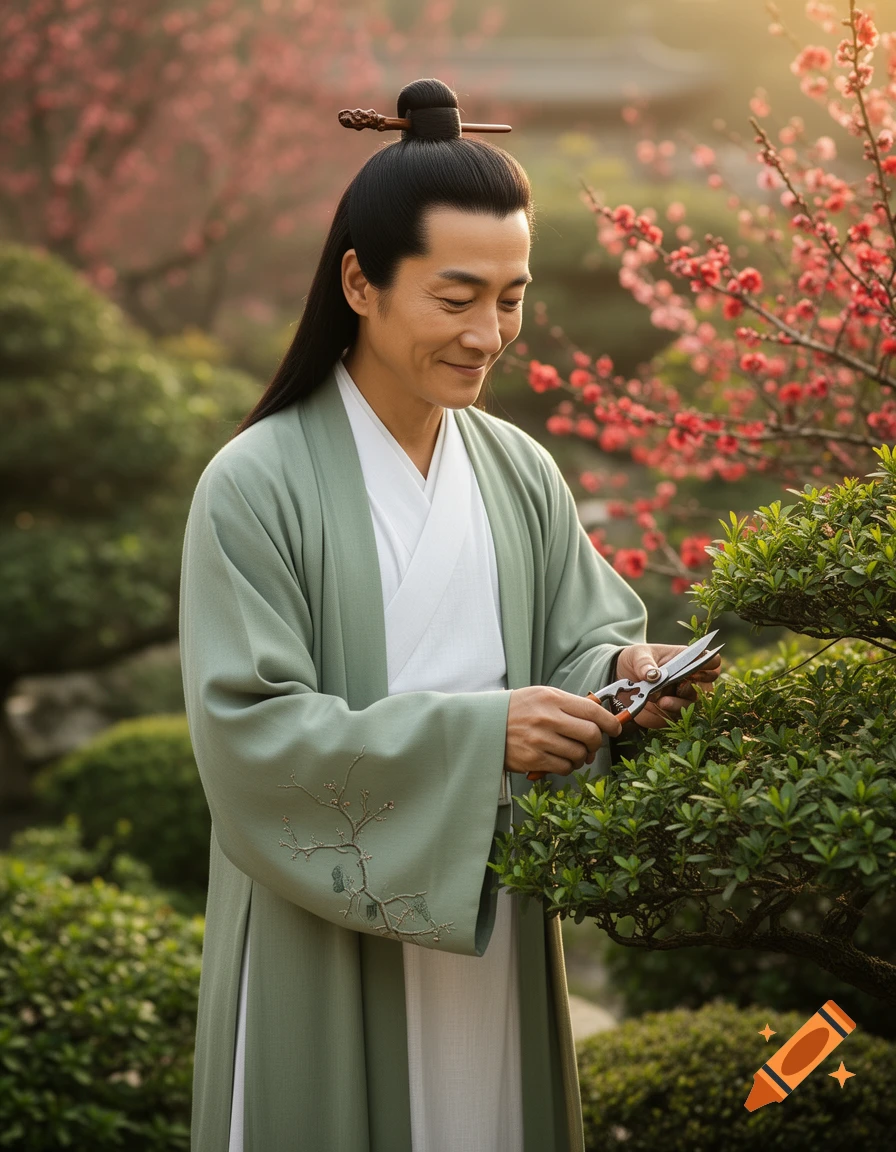 A smiling man in a traditional sage-green robe prunes a bush in a garden with red flowering trees.