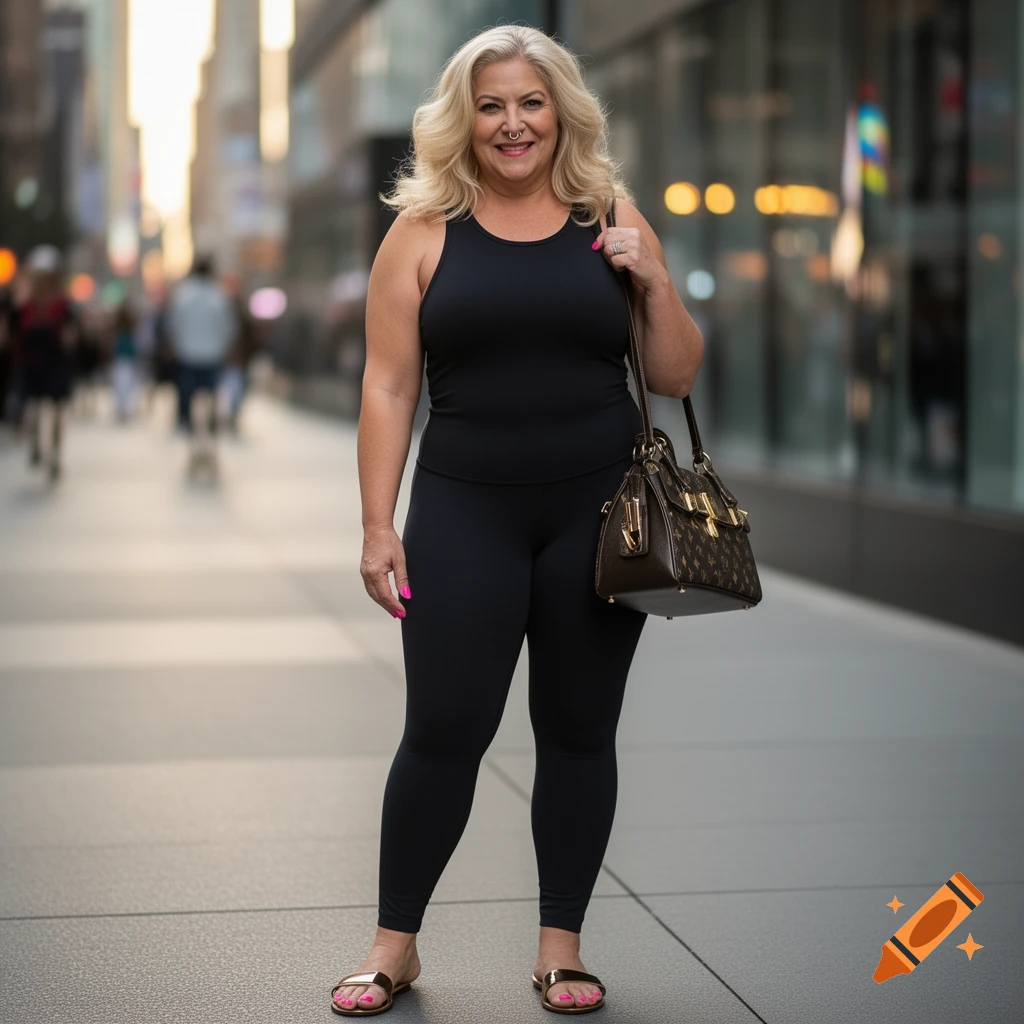 A mature blonde woman in a black tank top and leggings, with sandals and a designer handbag, stands on a city street.