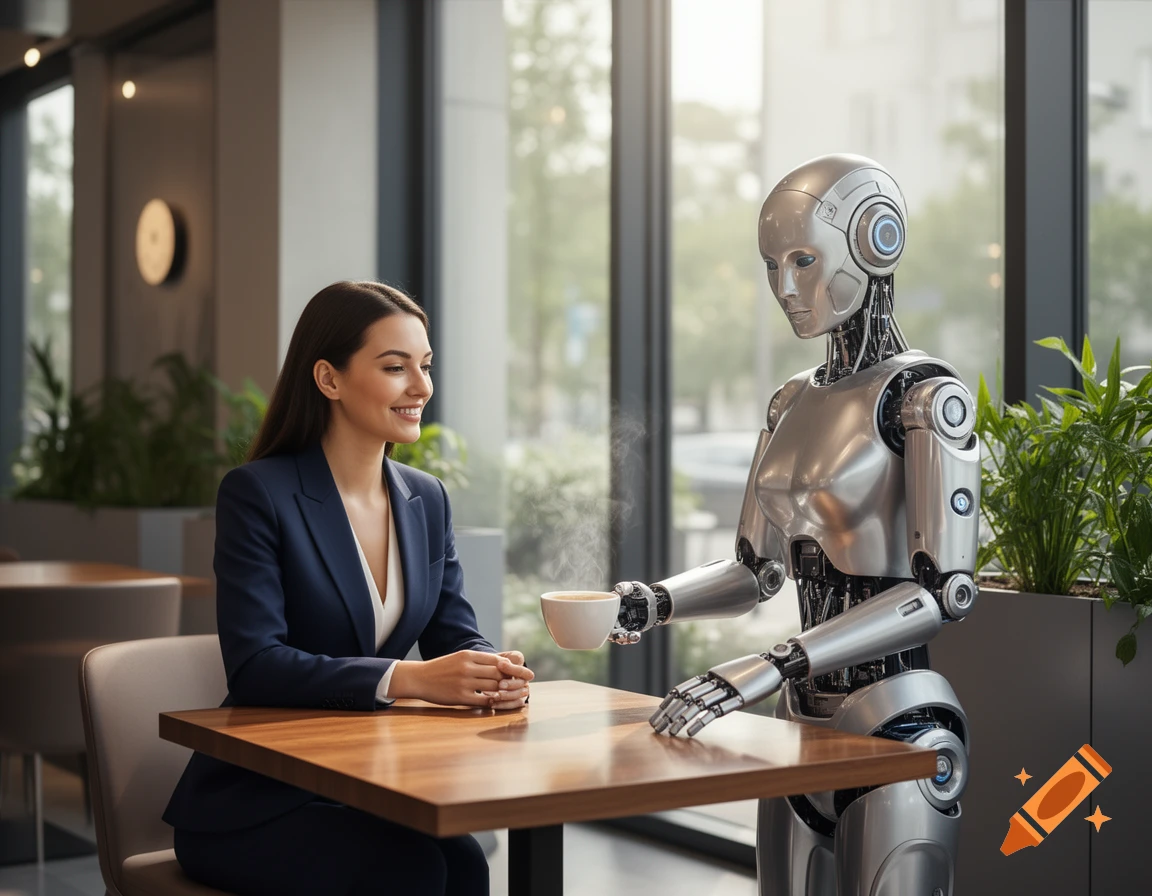 Sleek silver robot serves a steaming coffee to a smiling woman in a blue suit at a cafe table in a modern, sunlit setting.