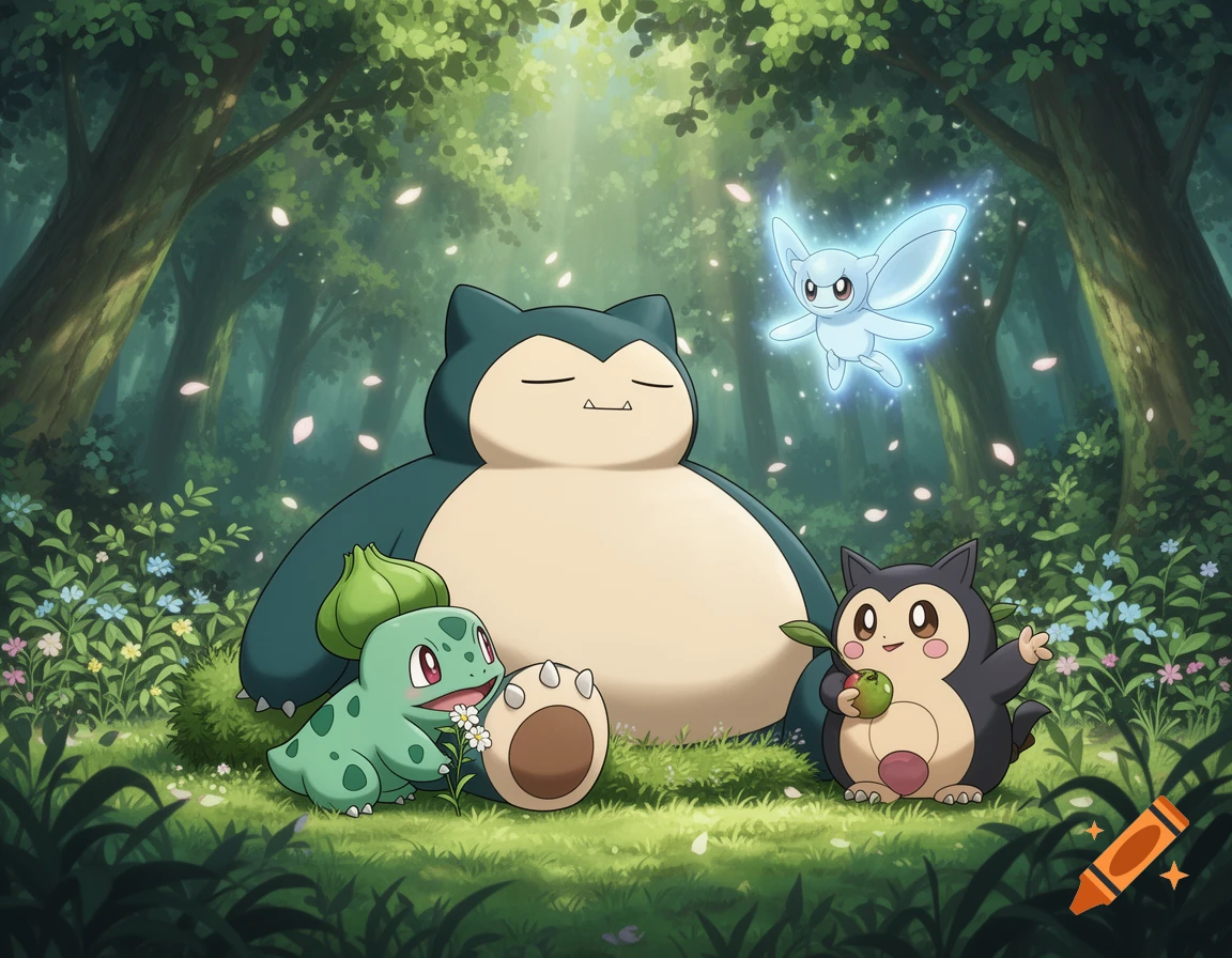 Snorlax, Bulbasaur, Munchlax, and a glowing fairy-like creature relaxing in a lush, sunlit forest.