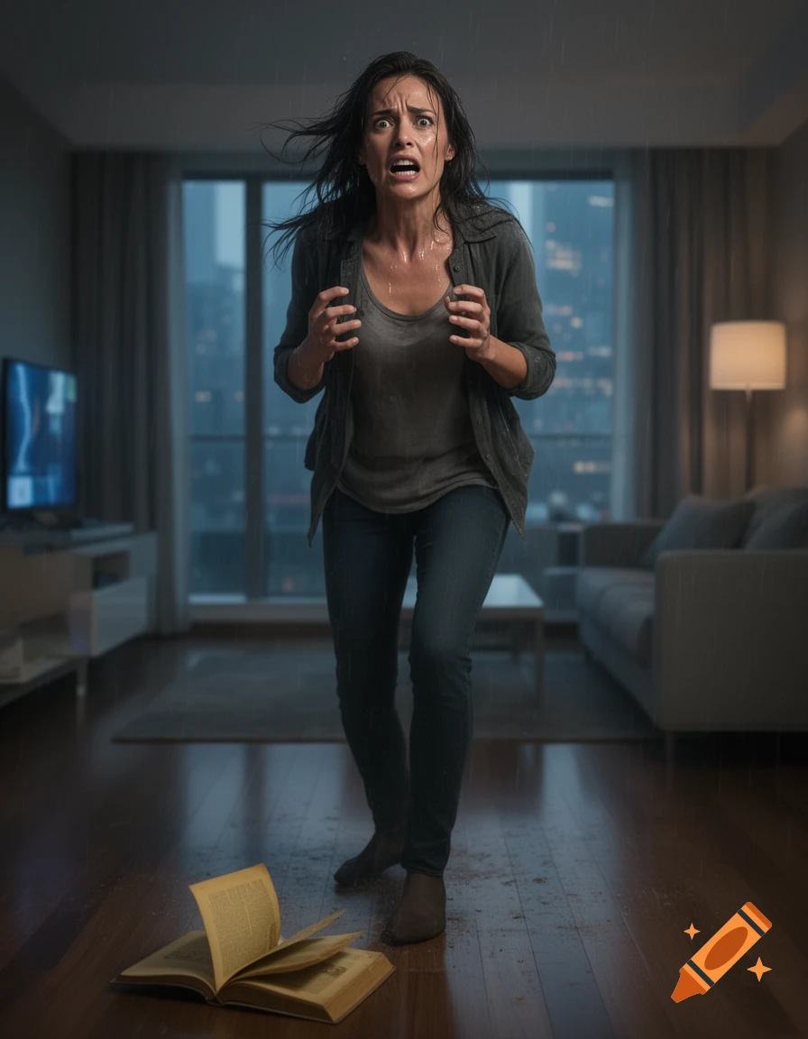 A terrified woman stands in a modern apartment where rain falls indoors, an open book on the wet floor.