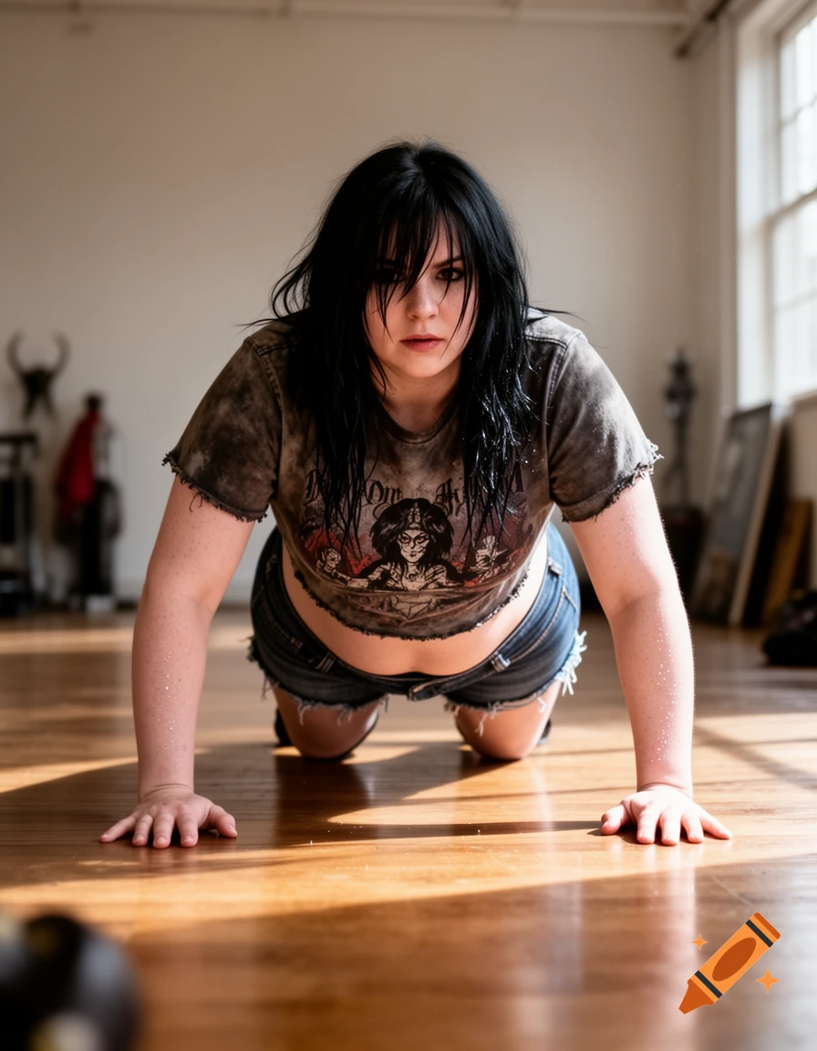 A gothic woman in a midriff t-shirt and shorts, with dark wet hair, struggles to do a push-up on a wooden floor.