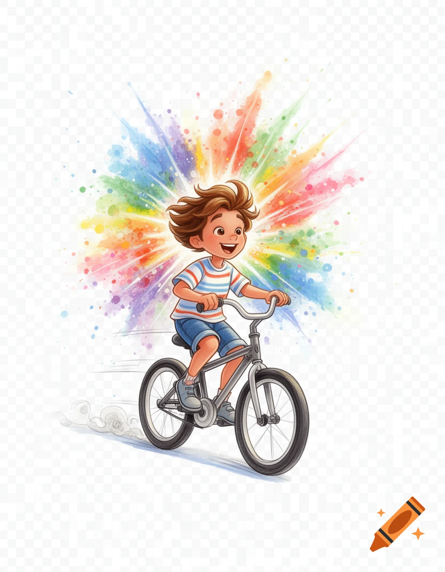A smiling cartoon boy rides a bicycle with a vibrant watercolor explosion behind him, on a transparent background.
