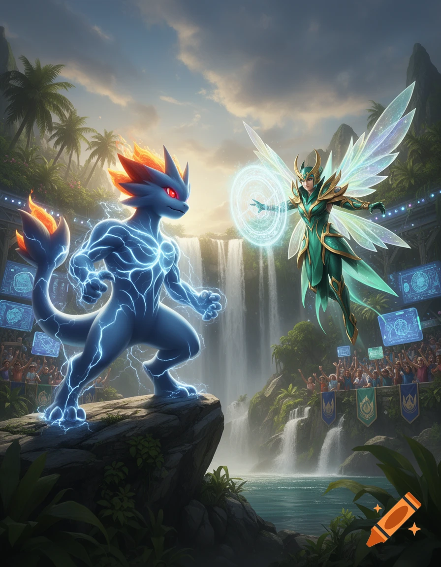 A blue, lightning-infused creature battles a winged warrior in green armor, who conjures a shield in a jungle arena with waterfalls and spectators.