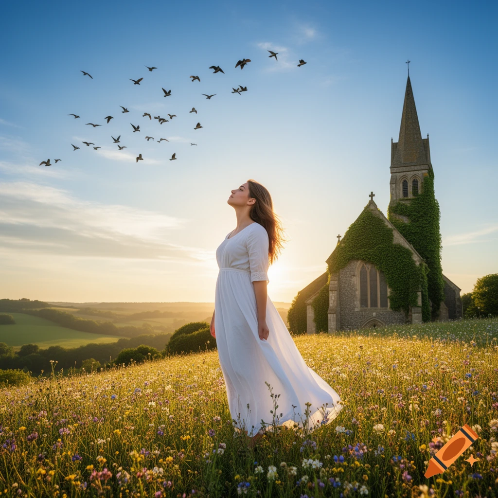 Woman in a white dress stands in a wildflower field, looking up at birds flying near a church at sunset. Photorealistic.