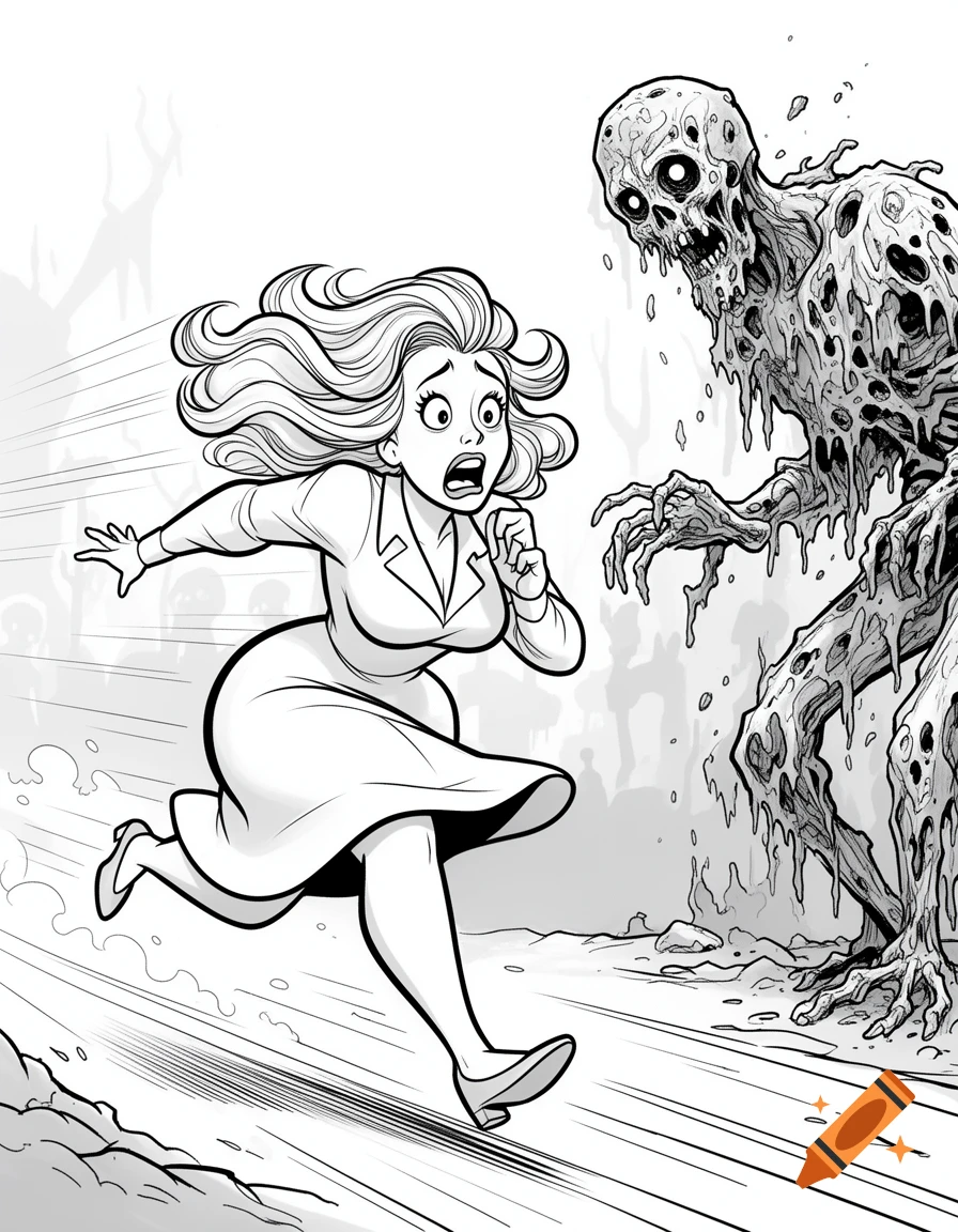 A cartoon woman with a scared expression runs from a decaying zombie in an outline drawing style.