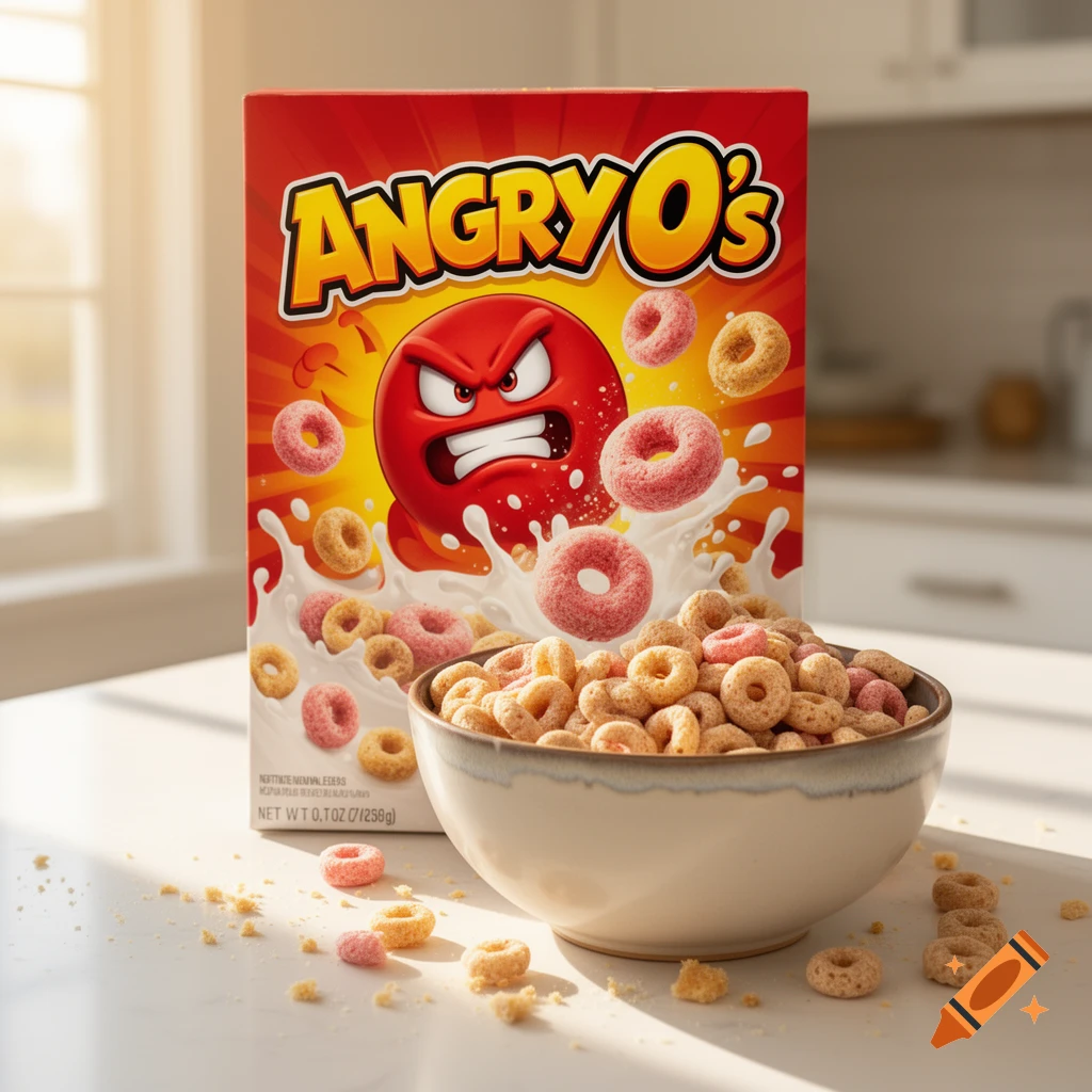 A box of "Angry O's" cereal featuring a red angry face and a bowl full of the oat rings, scattered on a kitchen counter.