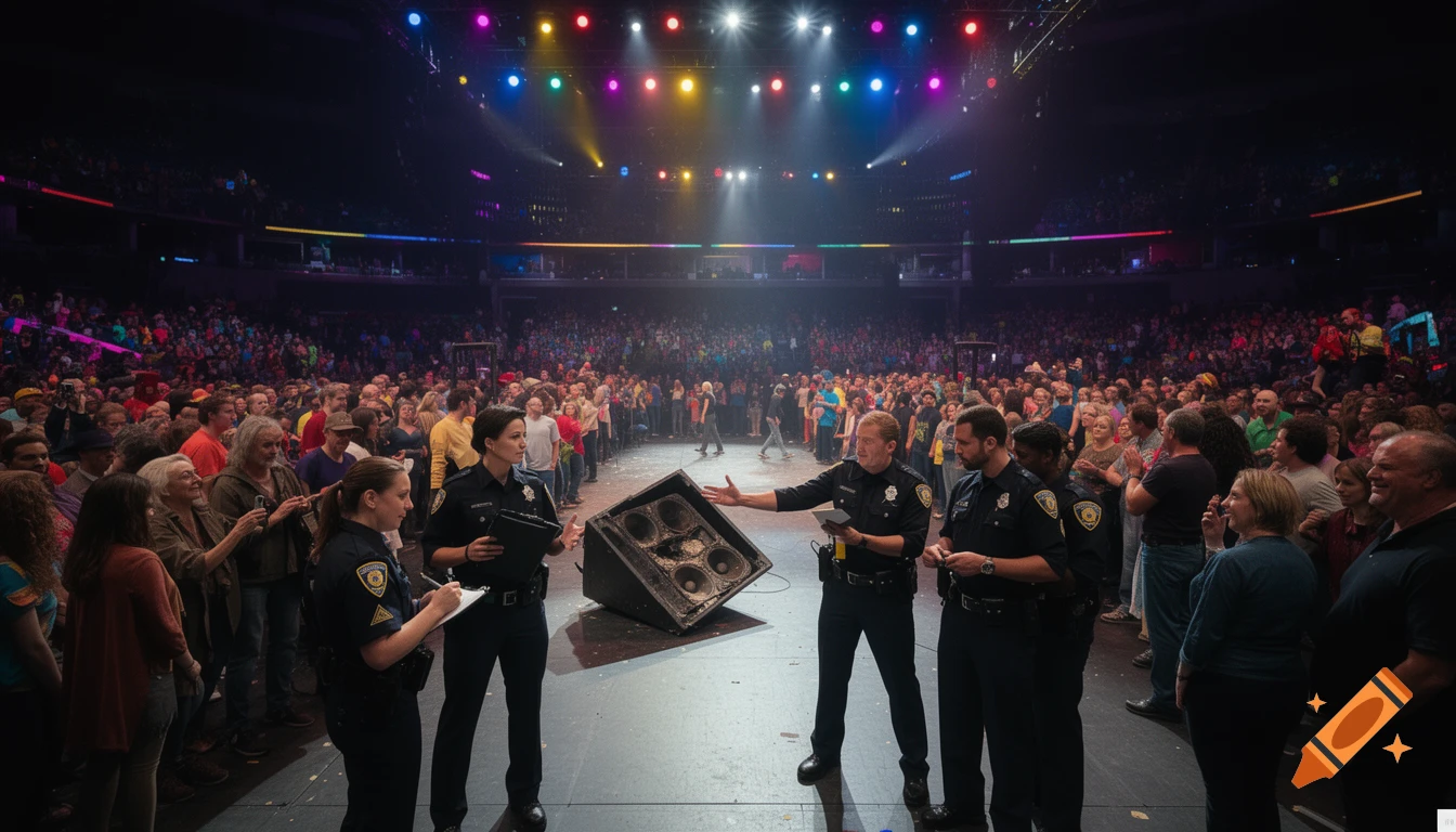 Police officers examine a damaged speaker on a concert stage, surrounded by a large audience under colorful stage lights.
