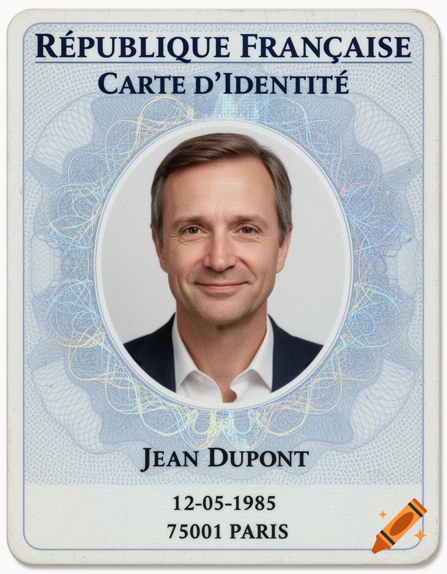 A realistic French national identity card featuring a man named Jean Dupont, born 12-05-1985, from Paris.
