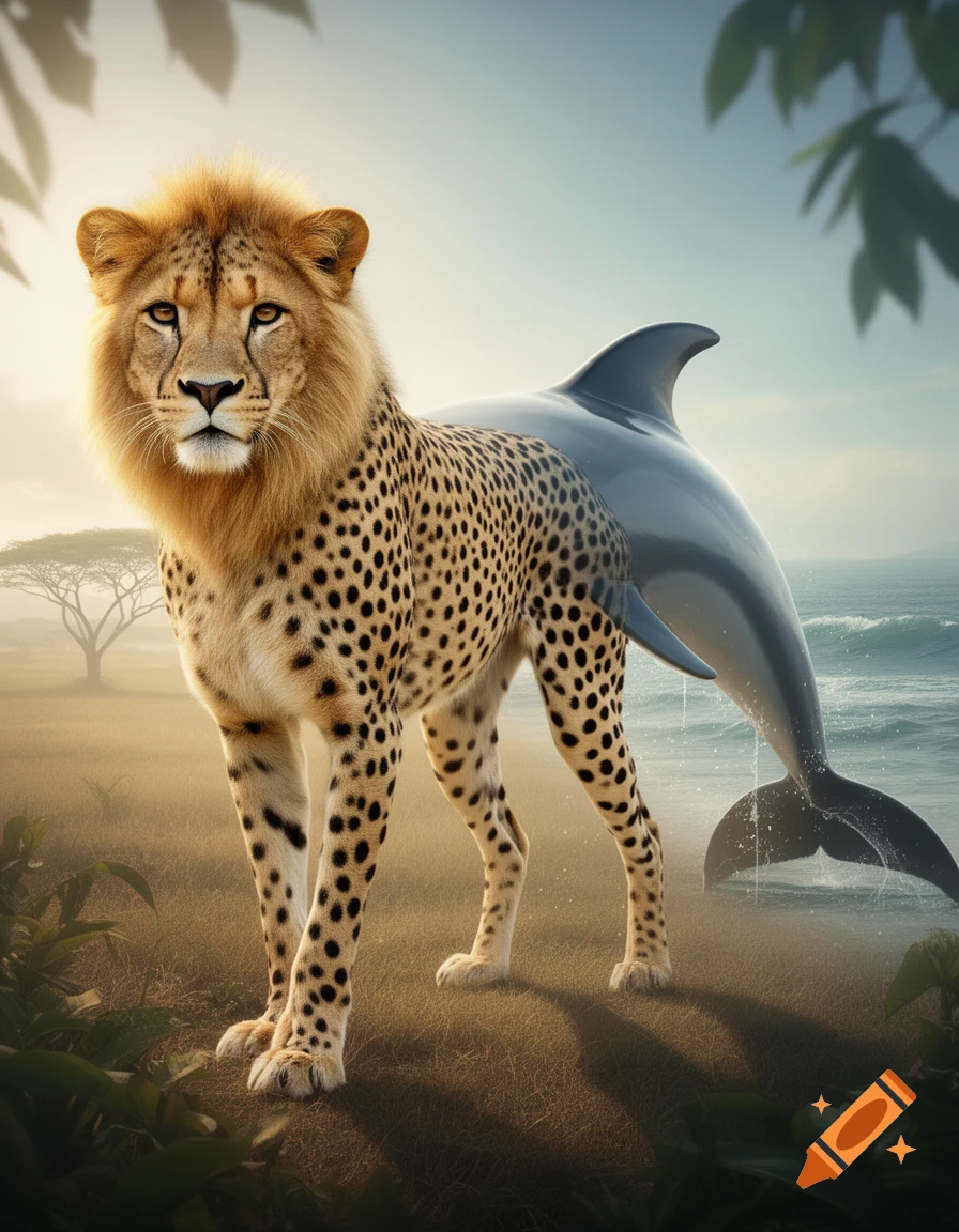 A photorealistic hybrid creature with a lion-like head, cheetah-spotted body, and a dolphin tail stands on a beach.