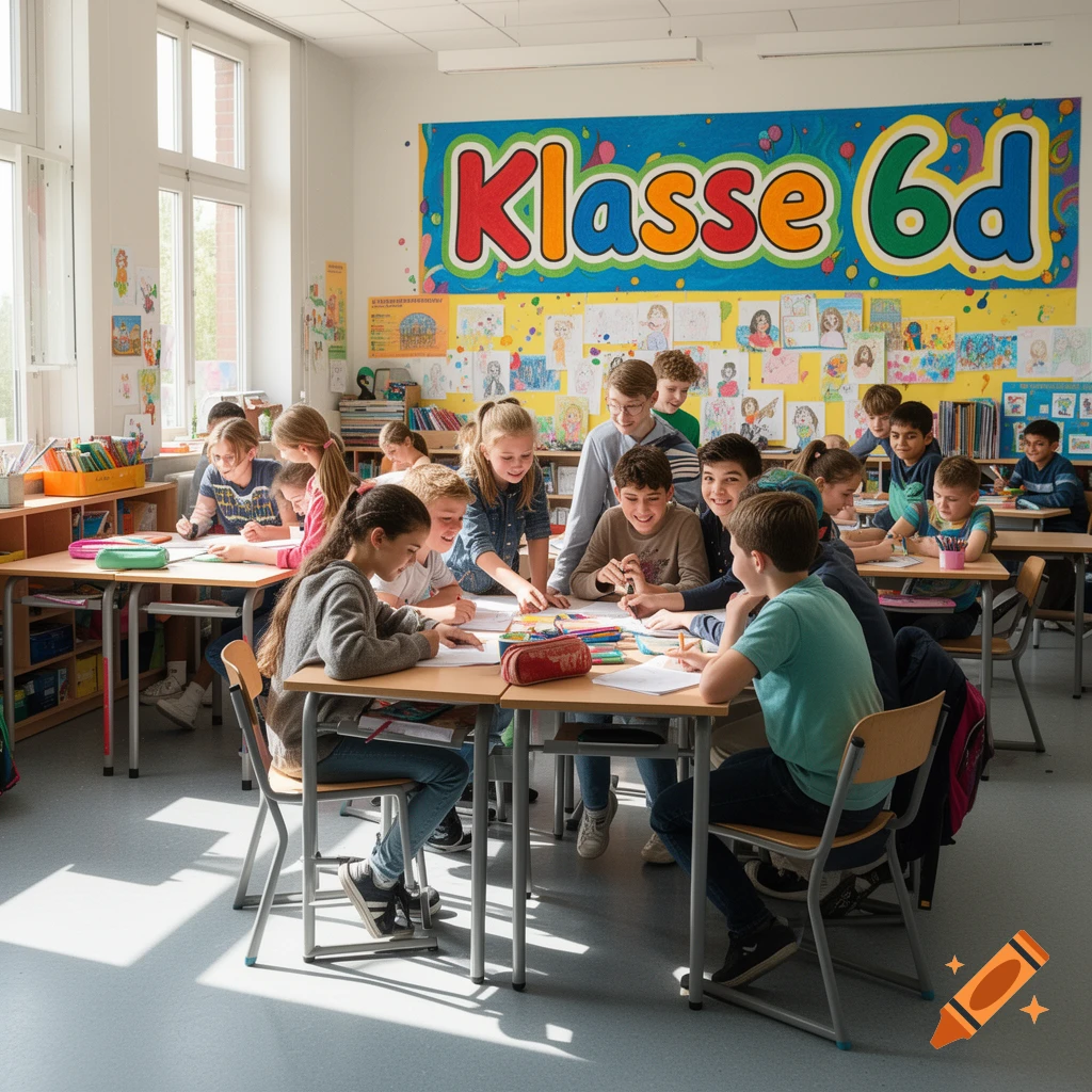 Children studying and interacting in a bright, colorful classroom with a 'Klasse 6d' banner.