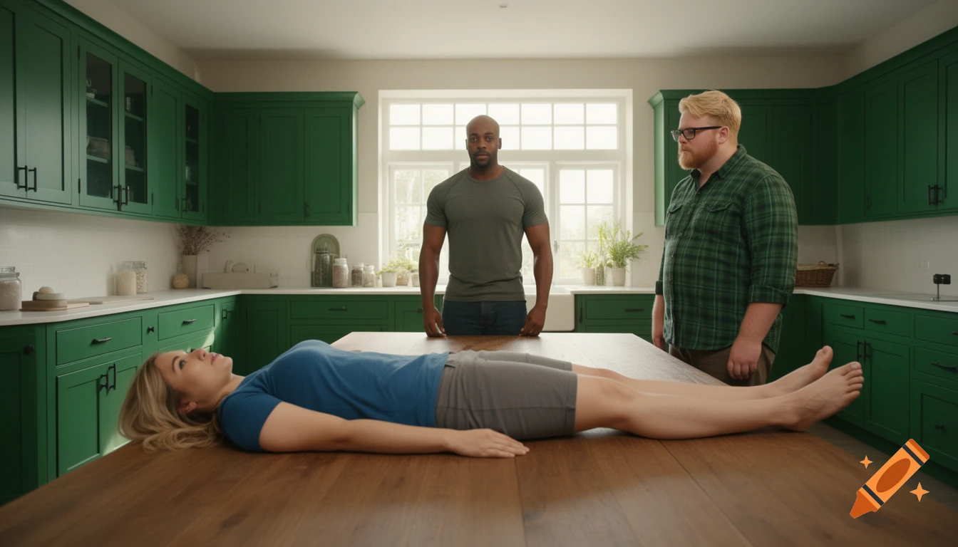 A photorealistic image of a woman lying on a large wooden table in a modern green kitchen, with two men standing nearby.