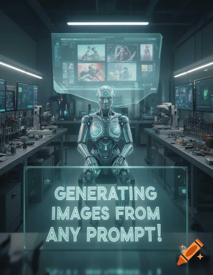 A futuristic robot sits in a high-tech lab, with a holographic screen displaying 'GENERATING IMAGES FROM ANY PROMPT!' and various generated images.