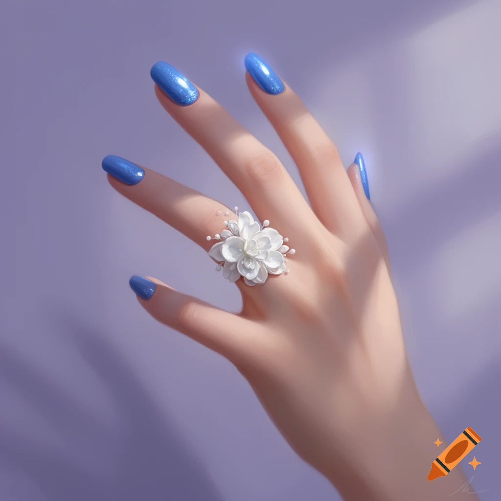 A hand with shimmering blue manicured nails and a white 3D flower ring on the ring finger, against a soft purple background.
