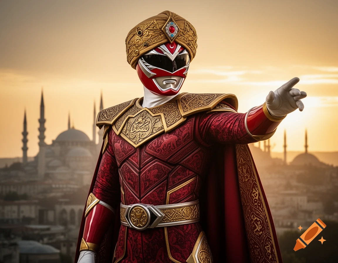 A red armored Power Ranger-like character in ornate Ottoman-style gold and crimson armor and turban points forward, with a blurred cityscape and minarets at sunset.