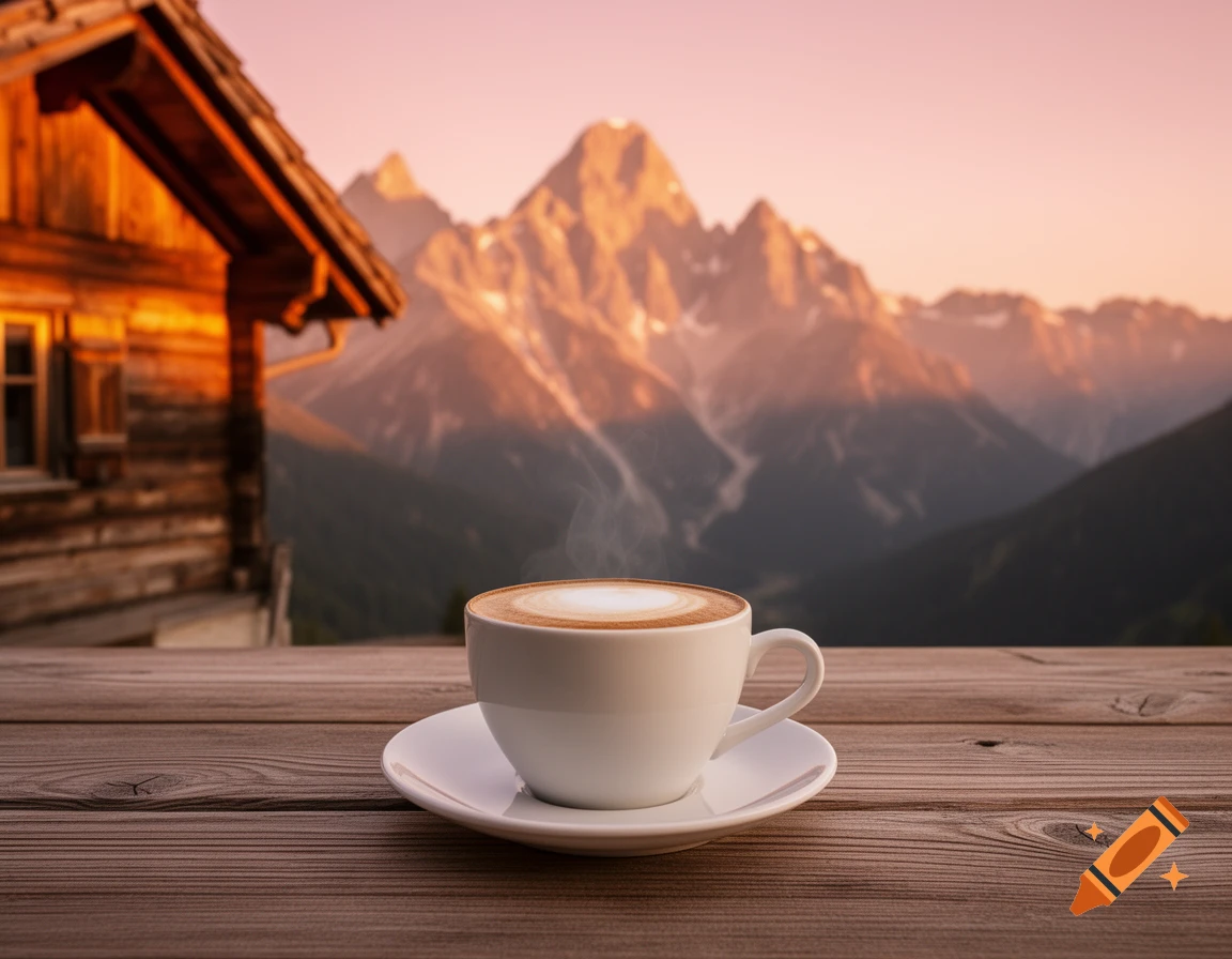 A steaming cappuccino on a wooden table, with a rustic alpine hut and sunlit mountains in the background at golden hour.