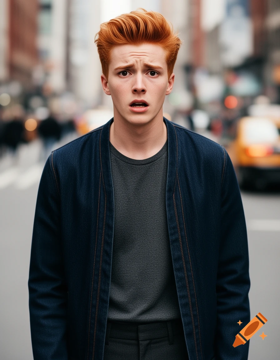 A worried young man with bright red hair and a dark blue jacket stands on a blurry city street.