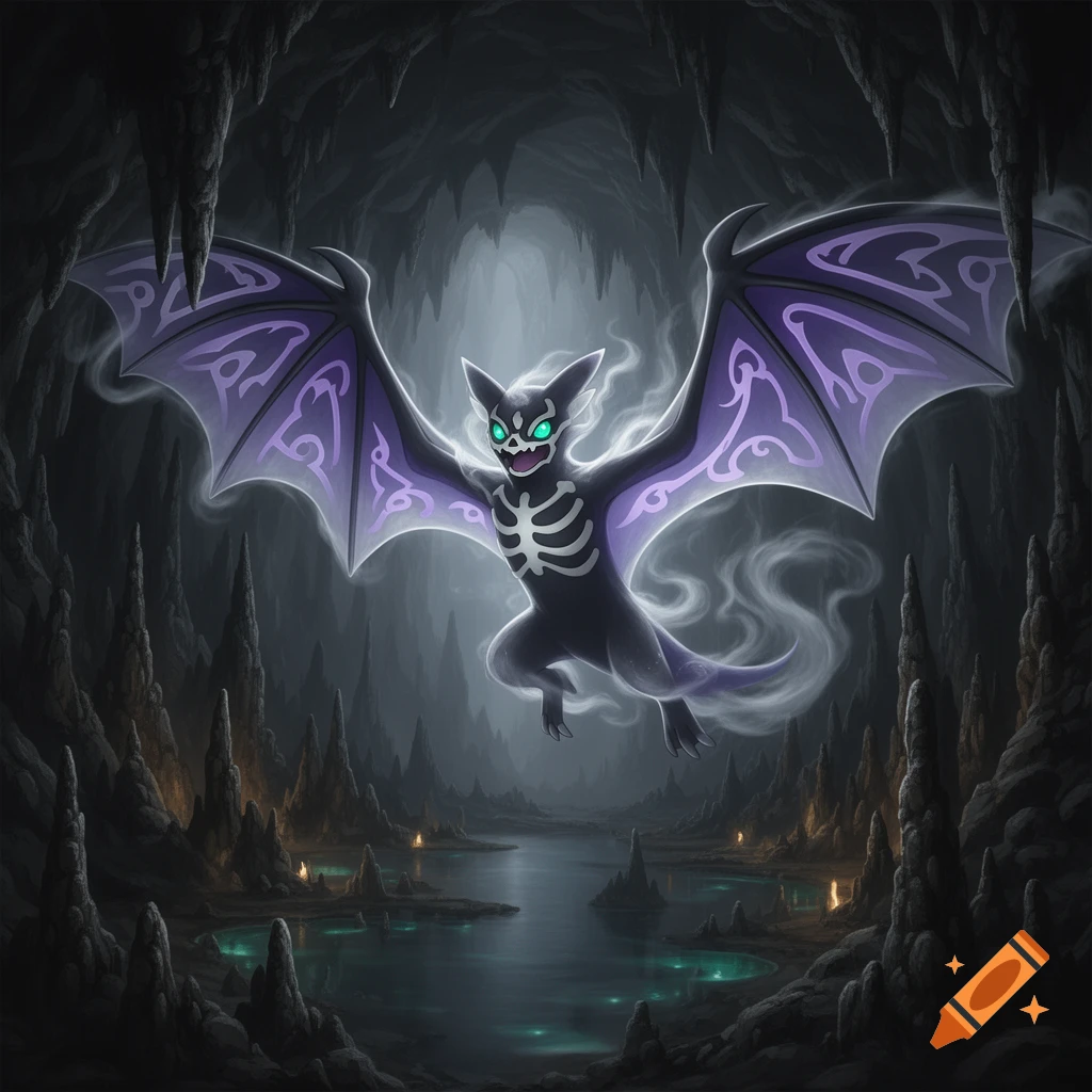 A stylized dark bat-like creature with glowing green eyes and purple-patterned wings, appearing ghostly in a dimly lit cave with glowing pools.