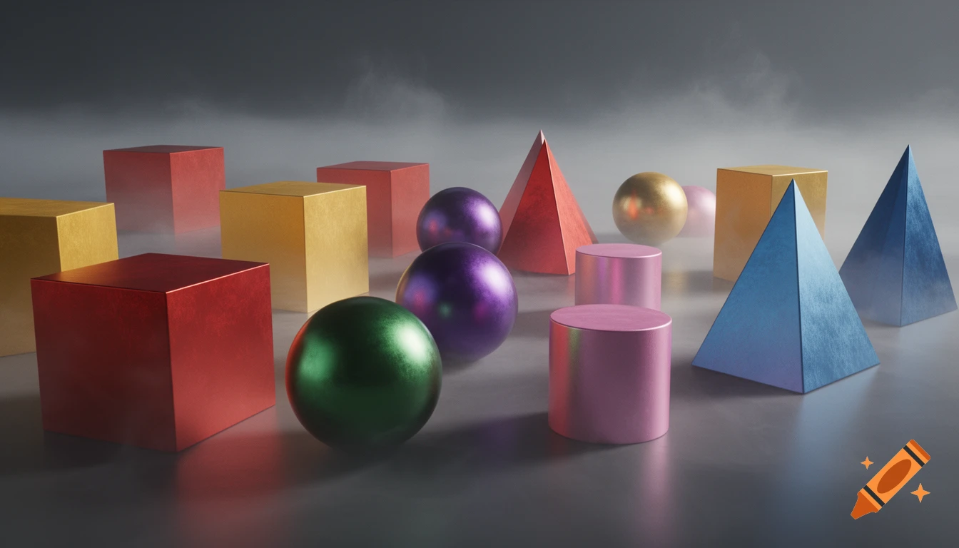 Shiny metallic geometric shapes including cubes, spheres, cylinders, and pyramids in various colors, partly hidden by fog, with soft lighting.