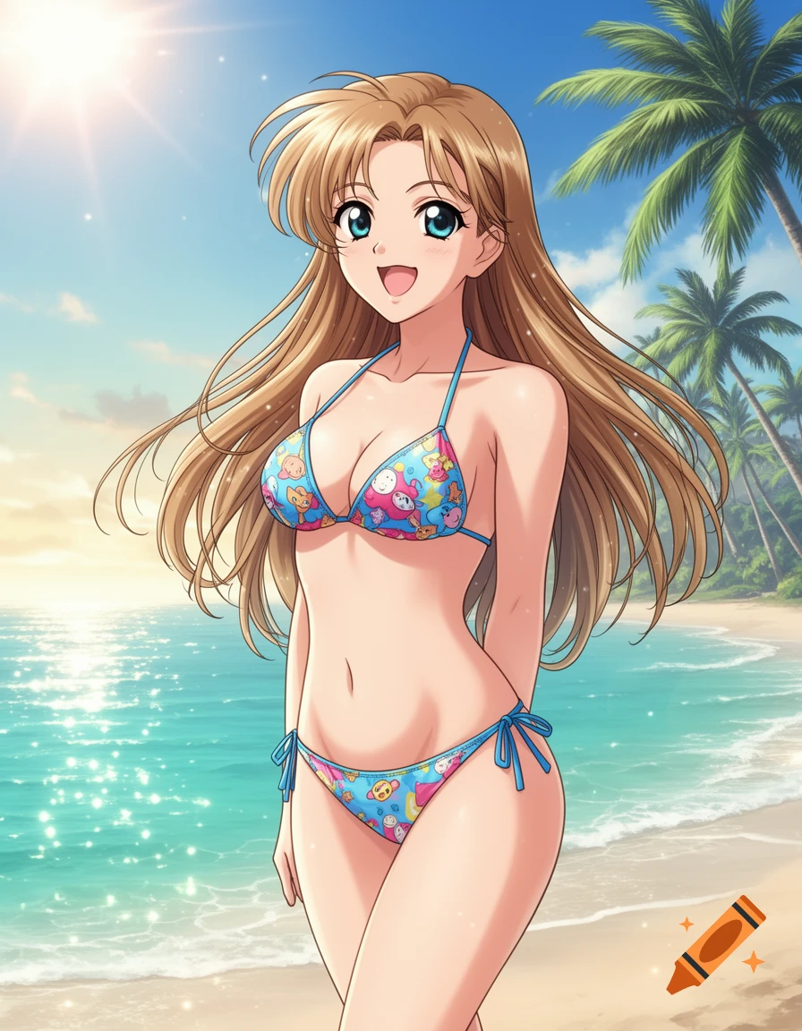 Smiling anime woman in a blue patterned bikini stands on a sunny beach with the ocean and palm trees in the background.